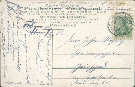 Adressseite der Ansichtskarte Prosit Neujahr, Jahreszahl 1907 aus Vergmissmeinnicht