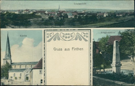 Alte Ansichtskarte Gruss aus Finthen, Totalansicht, Kirche, Kriegerdenkmal