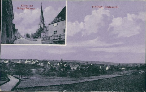 Alte Ansichtskarte Finthen, Totalansicht, Kirche mit Kriegerdenkmal