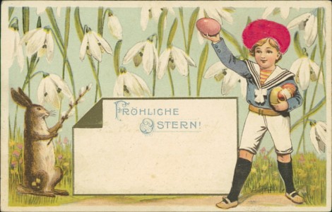 Alte Ansichtskarte Fröhliche Ostern, Knabe mit Mütze aus Samt, Osterhase und Schneeglöckchen