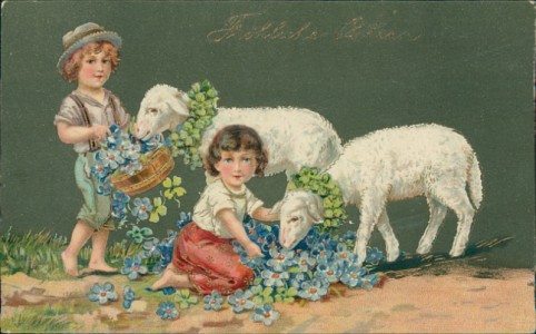Alte Ansichtskarte Fröhliche Ostern, Kinder mit Lämmern und Vergissmeinnicht