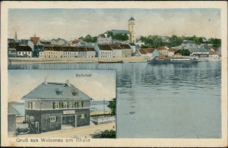 Alte Ansichtskarte Gruß aus Weisenau am Rhein, Gesamtansicht, Bahnhof