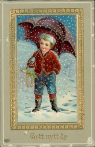 Alte Ansichtskarte Gott nytt år, Knabe im Schneegestöber mit Regenschirm und Hufeisen