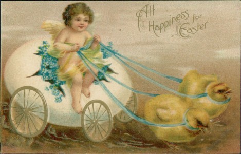 Alte Ansichtskarte All Happiness for Easter, Engelchen fährt in Osterei-Kutsche gezogen von Küken