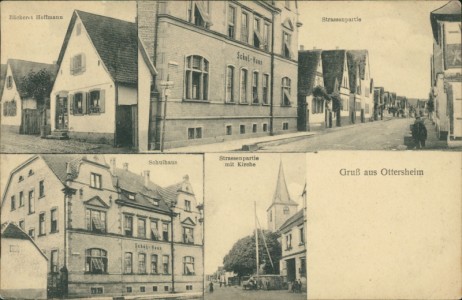 Alte Ansichtskarte Gruß aus Ottersheim, Bäckerei Hoffmann, Strassenpartie, Schulhaus, Strassenpartie mit Kirche