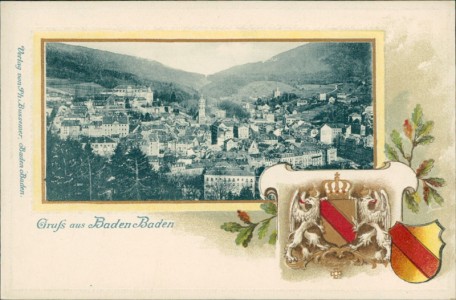 Alte Ansichtskarte Baden-Baden, Teilansicht, Wappen