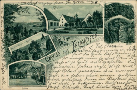 Alte Ansichtskarte Inzigkofen, Sigmaringen u. Laiz, Kloster, Amalien-Felsen u. Kapelle, Teufelsbrücke, Grotte