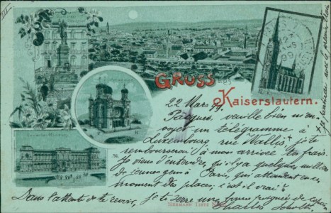 Alte Ansichtskarte Gruss aus Kaiserslautern, Bismarck-Denkmal, Gesamtansicht, St. Marien-Kirche, Synagoge, Gewerbe-Museum