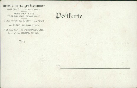 Adressseite der Ansichtskarte Mainz, Horn's Hotel "Pfälzerhof"