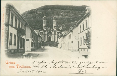 Alte Ansichtskarte Gruss aus Todtnau, Teilansicht mit Kirche