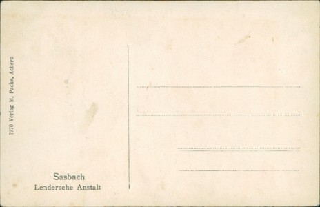 Adressseite der Ansichtskarte Sasbach, Lendersche Anstalt