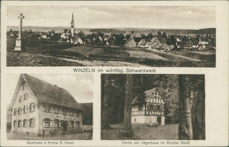 Alte Ansichtskarte Winzeln, Gesamtansicht, Gasthaus z. Krone E. Hezel, Partie am Jägerhaus im Winzler Wald