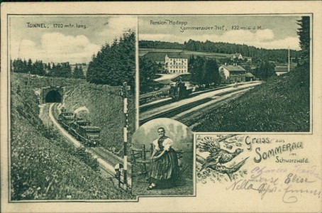 Alte Ansichtskarte Gruss aus Sommerau im Schwarzwald, Tunnel, Pension Hodapp, Sommerauer Hof, 832 m. ü. d. M., Bahnhof, Bahnsrecke