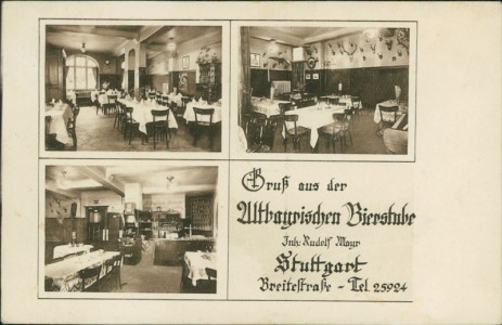 Alte Ansichtskarte Stuttgart, Gruß aus der Altbayrischen Bierstube Inh. Rudolf Mayr, Breitestraße - Tel. 25924