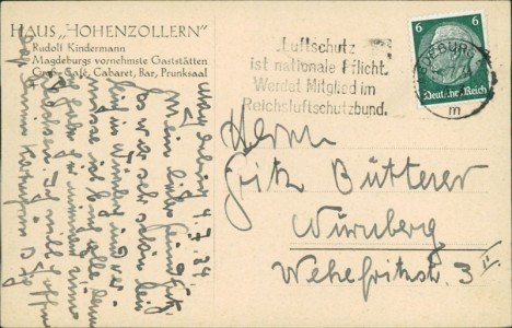 Adressseite der Ansichtskarte Magdeburg, Haus Hohenzollern, Rudolf Kindermann