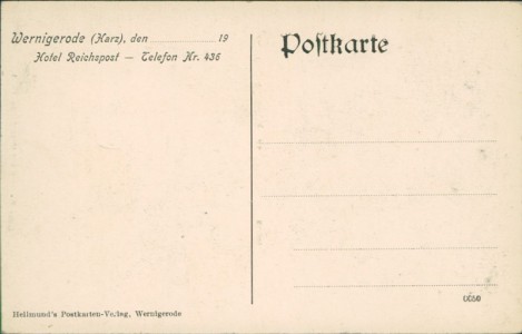 Adressseite der Ansichtskarte Wernigerode, Hotel Reichspost, Marktstr., Schloß, Rathaus mit Marktstraße