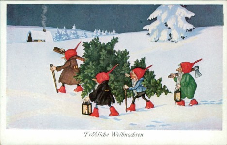 Alte Ansichtskarte Fröhliche Weihnachten, Zwerge tragen Tannenbaum nach Hause