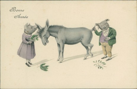 Alte Ansichtskarte Bonne année, Schweine mit Esel