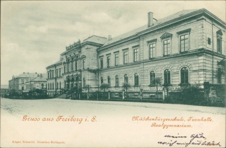 Alte Ansichtskarte Freiberg, Mädchenbürgerschule, Turnhalle, Realgymnasium