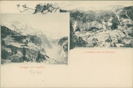 Alte Ansichtskarte Wengen BE, Wengen mit Jungfrau, Staubbach und Mürrenbahn