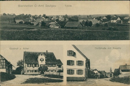 Alte Ansichtskarte Bad Saulgau-Bierstetten, Totale, Gasthof z. Adler, Dorfstraße mit Kapelle