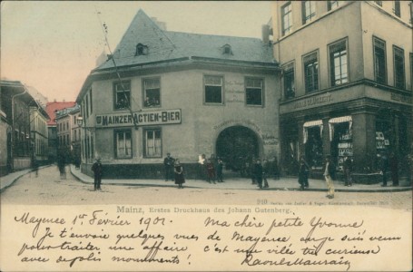Alte Ansichtskarte Mainz, Erstes Druckhaus des Johann Gutenberg, Mainzer Actien-Bier