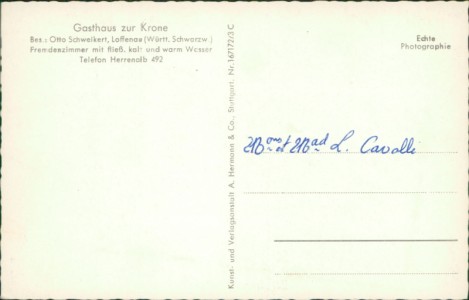 Adressseite der Ansichtskarte Loffenau, Gasthaus zur Krone, Bes.: Otto Schweikert