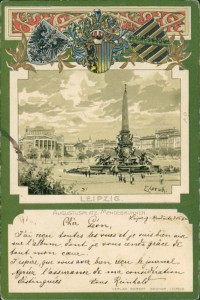 Alte Ansichtskarte Leipzig, Augustusplatz, Mendebrunnen, Wappen