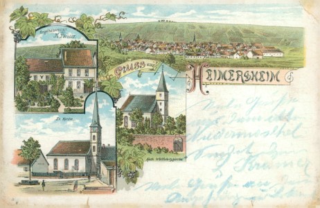 Alte Ansichtskarte Gruss aus Heimersheim, Orgelbauanstalt von K. Förster, Total, Kath. Wallfahrtskirche, Ev. Kirche (SCHLECHTE ERHALTUNG)