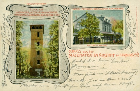 Alte Ansichtskarte Hamburg-Harburg, Aussichtsturm, Hotel, Pension, Restaurant H. Martens