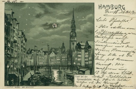 Alte Ansichtskarte Hamburg, Fleet bei der Reimersbrücke, Mondschein