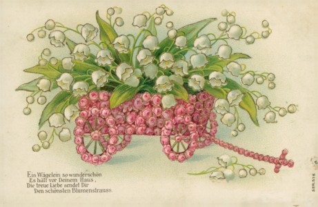 Alte Ansichtskarte Blumengruß, Maiglöckchen auf Wagen aus Rosen