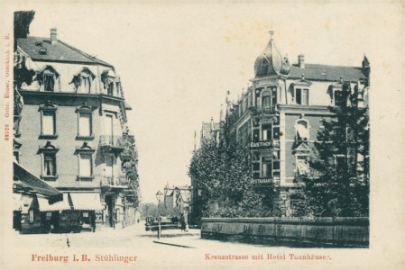 Alte Ansichtskarte Freiburg im Breisgau-Stühlinger, Kreusstrasse mit Hotel Tannhäuser