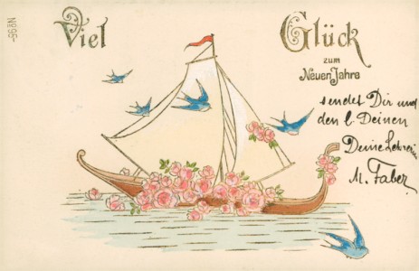 Alte Ansichtskarte Viel Glück zum Neuen Jahre, Schiff beladen mit Rosen, Schwalben