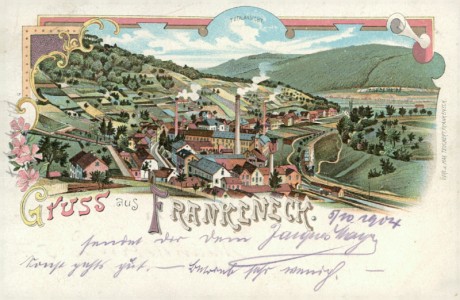 Alte Ansichtskarte Gruss aus Frankeneck, Gesamtansicht mit Fabrik und Bahnstrecke