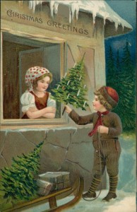 Alte Ansichtskarte Christmas Greetings, Knabe überreicht Weihnachtsbaum