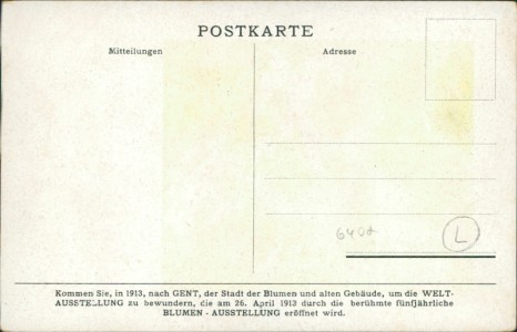 Adressseite der Ansichtskarte Gent, Blumen-Ausstellung der Genter Königl. Gesellschaft für Landwirtschaft & Pflanzenkunde 1913