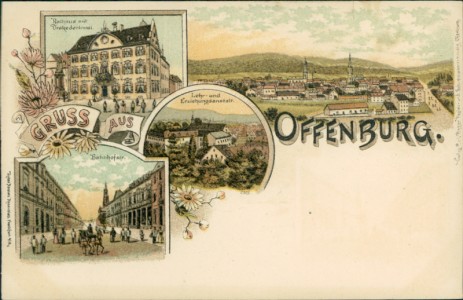 Alte Ansichtskarte Gruss aus Offenburg, Rathaus mit Drakedenkmal, Lehr- und Erziehungsanstalt, Bahnhofstr., Gesamtansicht