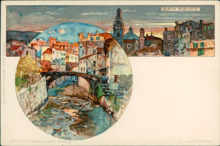 Alte Ansichtskarte Sanremo, Teilansicht mit Brücke (sign. Manuel Wielandt)