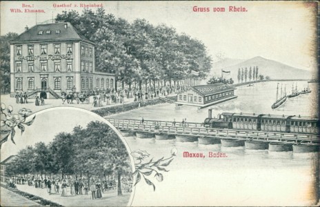 Alte Ansichtskarte Maxau, Baden, Gasthof z. Rheinbad, Bes.: Wilh. Ehmann (RECHTER RAND DUNKEL (OXIDIERT))