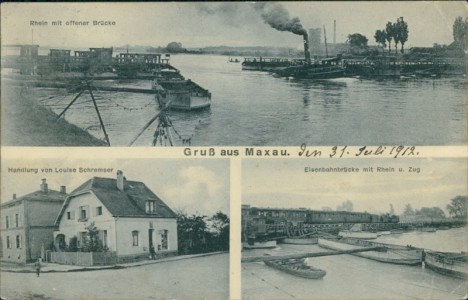 Alte Ansichtskarte Gruß aus Maxau, Rhein mit offener Brücke, Handlung von Louise Schremser, Eisenbahnbrücke mit Rhein und Zug