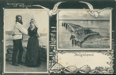 Alte Ansichtskarte Helgoland, Heiratsantrag auf Helgoland, Insel, Dekor mit Möwen und Muscheln