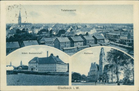 Alte Ansichtskarte Gladbeck, Totalansicht, Städt. Badeanstalt, Rathaus