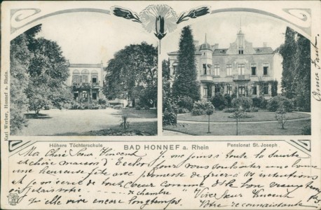 Alte Ansichtskarte Bad Honnef, Höhere Töchterschule, Pensionat St. Joseph, Jugendstil-Dekor