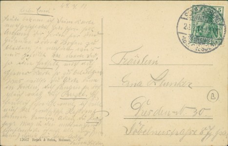Adressseite der Ansichtskarte Gruss aus der Buschmühle, Post Schmiedeberg