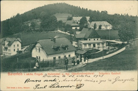 Alte Ansichtskarte Bärenfels i. sächs. Erzgeb., Hofehübel u. Kgl. Oberforstmeisteri. Scharfe's Gasthof