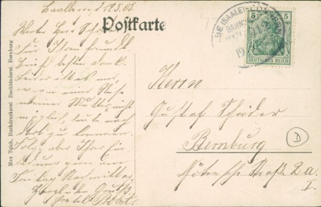 Adressseite der Ansichtskarte Gruss aus Baalberge, Dorfeingang, Kirche, Bahnhof, Kolonie