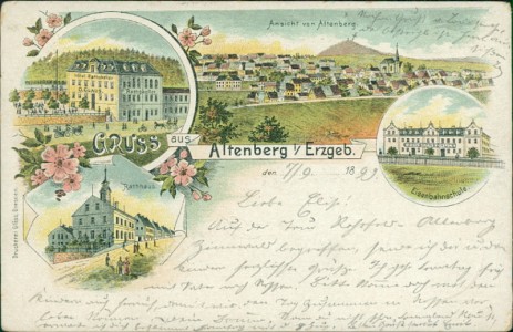 Alte Ansichtskarte Gruss aus Altenberg i. Erzgeb., Hotel Rathskeller O. Claus, Ansicht von Altenberg, Eisenbahnschule, Rathaus
