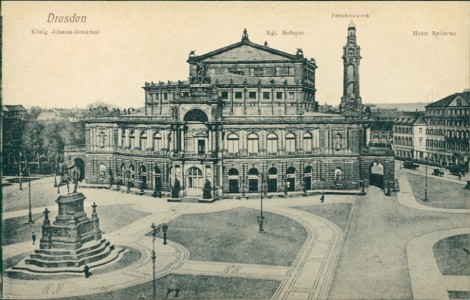 Alte Ansichtskarte Dresden, König Johann-Denkmal, Kgl. Hofoper, Fernheizwerk, Hotel Bellevue