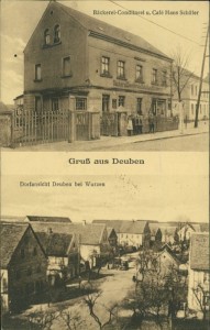 Alte Ansichtskarte Gruß aus Deuben, Bäckerei-Conditorei u. Café Hans Schäfer, Dorfansicht Deuben bei Wurzen